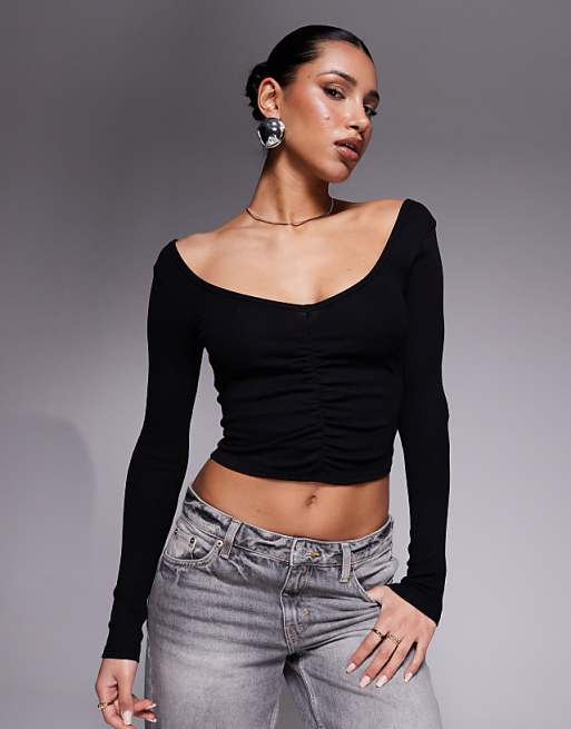 DESIGN Ruched V Front And Back Crop Top In Black