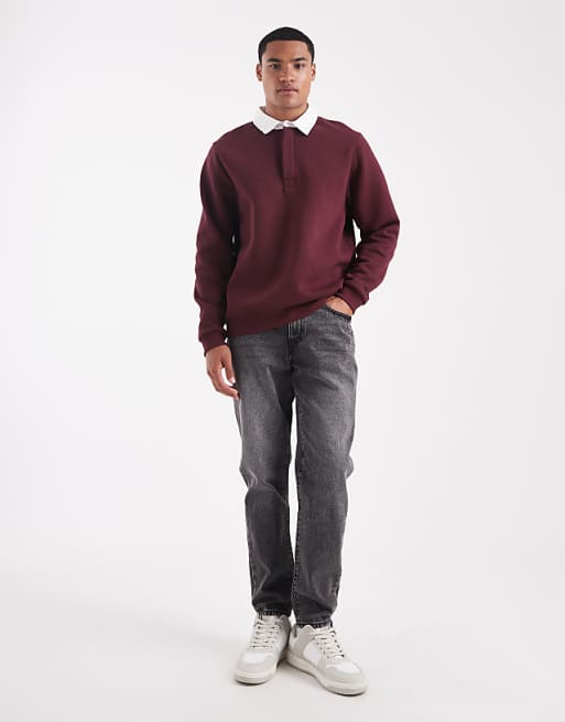 DESIGN Rugby Polo Sweatshirt With Contrast Collar In Burgundy