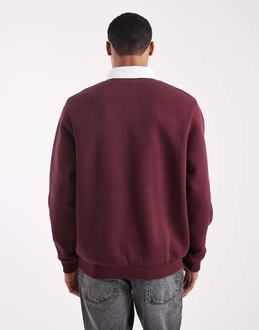 DESIGN Rugby Polo Sweatshirt With Contrast Collar In Burgundy