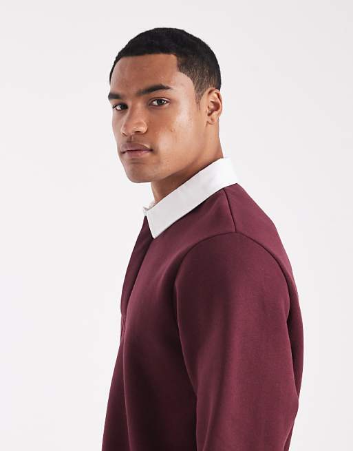 DESIGN Rugby Polo Sweatshirt With Contrast Collar In Burgundy
