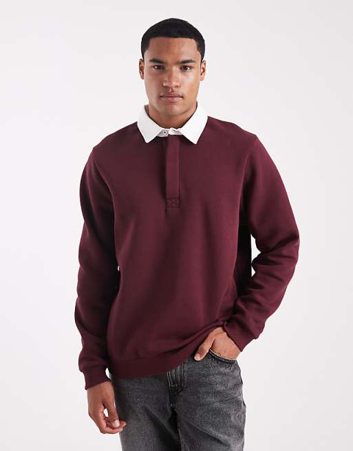 DESIGN rugby polo sweatshirt with contrast collar in burgundy