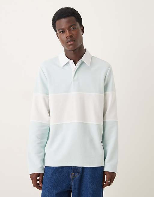 DESIGN rugby shirt with contrast panel in blue