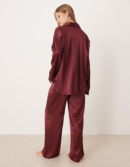 DESIGN Satin Shirt And Trouser Pyjama Set In Burgundy