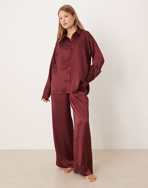 DESIGN Satin Shirt And Trouser Pyjama Set In Burgundy