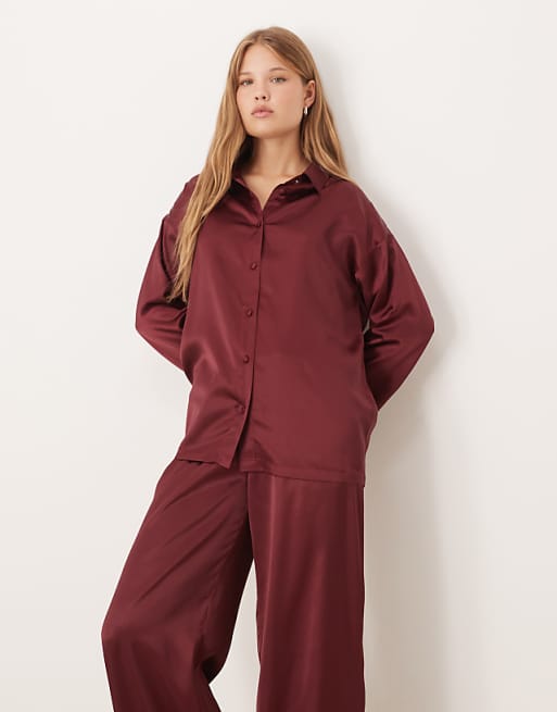 DESIGN satin shirt and trouser pyjama set in burgundy