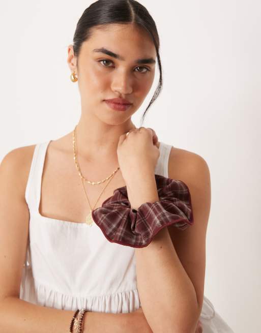 DESIGN Scrunchie In Red Tartan Check With Stitching Edge Detail