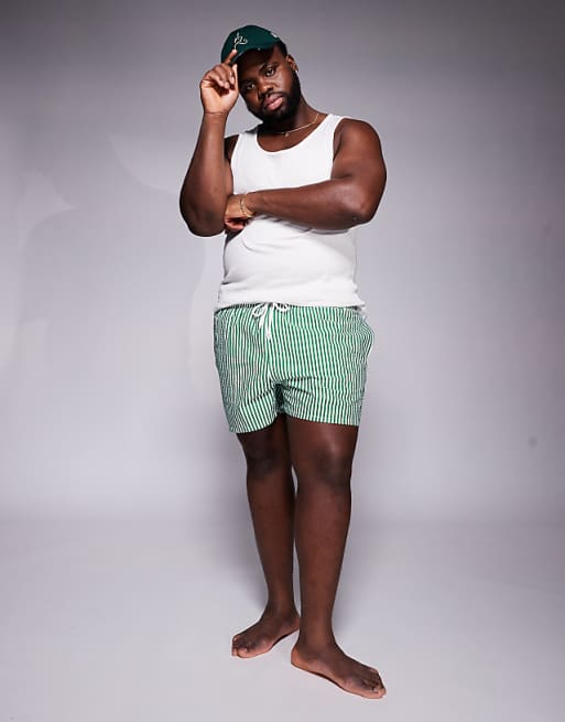 DESIGN Seersucker Stripe Swim Shorts In Short Length In Green