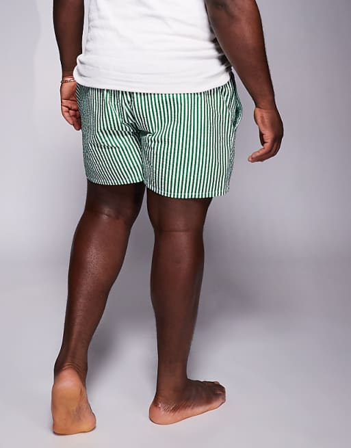 DESIGN Seersucker Stripe Swim Shorts In Short Length In Green