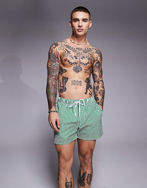 DESIGN seersucker stripe swim shorts in short length in green
