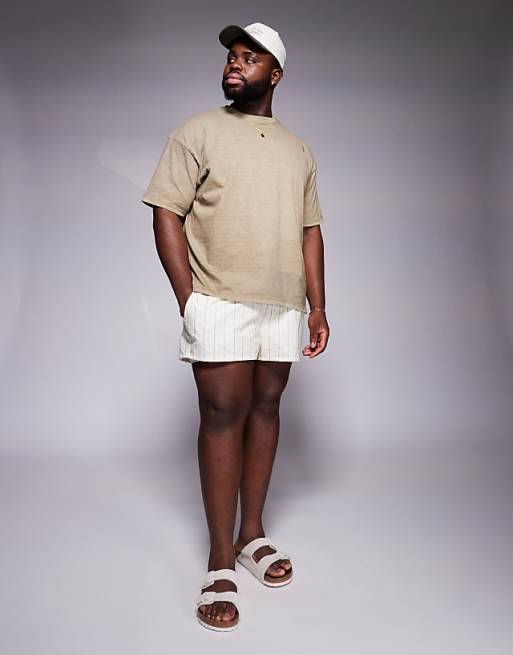 DESIGN Seersucker Stripe Swim Shorts In Super Short Length In Stone