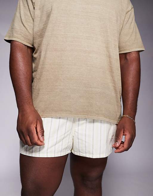 DESIGN Seersucker Stripe Swim Shorts In Super Short Length In Stone