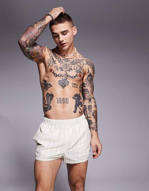 DESIGN seersucker stripe swim shorts in super short length in stone