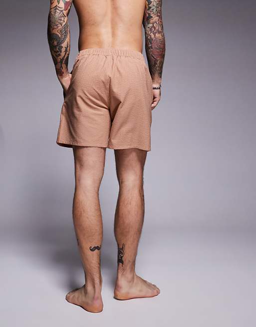 DESIGN Seersucker Swim Shorts In Mid Length In Brown