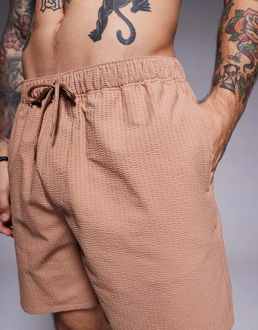 DESIGN Seersucker Swim Shorts In Mid Length In Brown