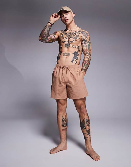 DESIGN seersucker swim shorts in mid length in brown