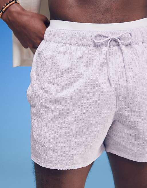 DESIGN Seersucker Swim Shorts In Short Length In Purple