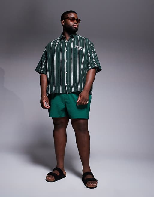 DESIGN Seersucker Swim Shorts In Short Length In Green