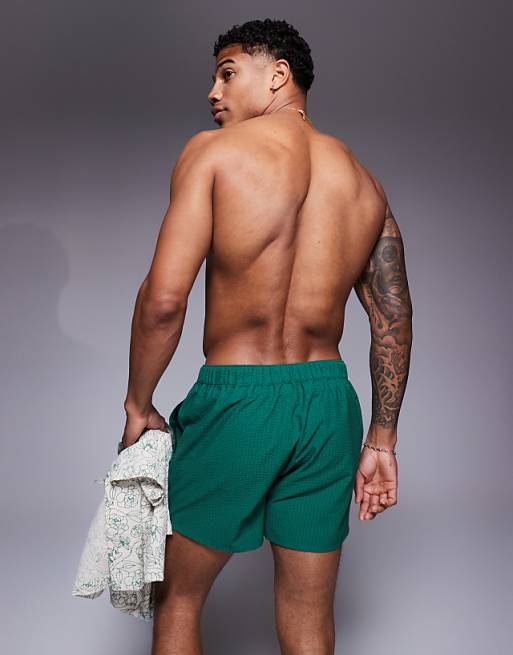 DESIGN Seersucker Swim Shorts In Short Length In Green