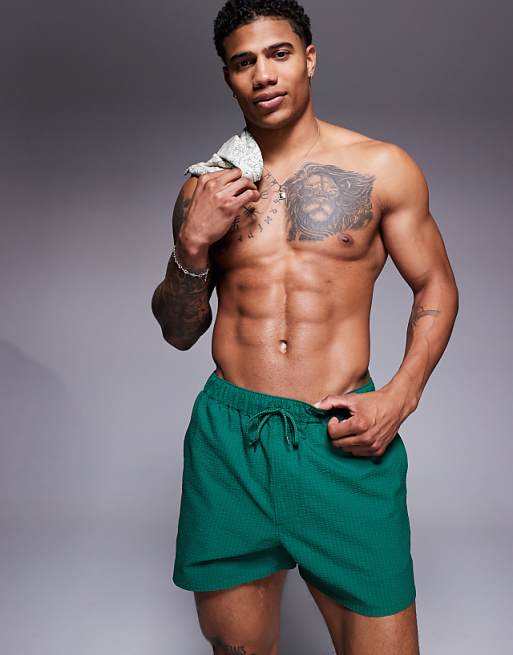 DESIGN seersucker swim shorts in short length in green