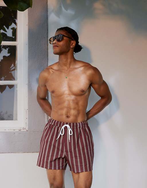 DESIGN seersucker swim shorts in short length in burgundy stripe