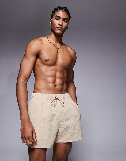 DESIGN Seersucker Swim Shorts In Short Length In Beige