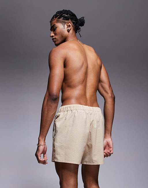 DESIGN Seersucker Swim Shorts In Short Length In Beige