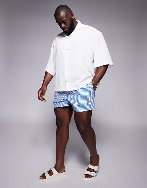DESIGN Seersucker Swim Shorts In Short Length In Blue Stripe