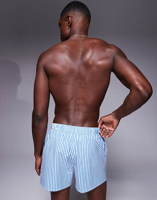 DESIGN Seersucker Swim Shorts In Short Length In Blue Stripe