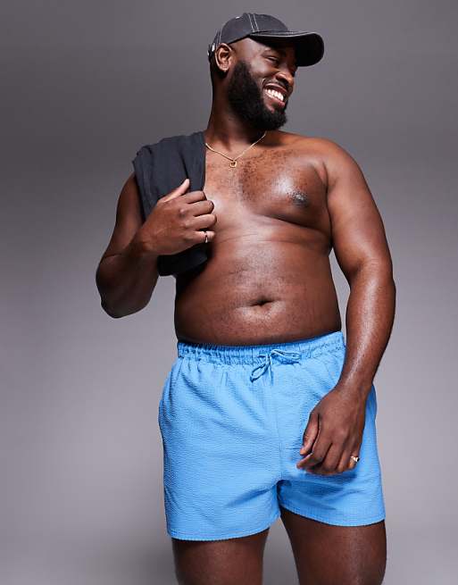 DESIGN Seersucker Swim Shorts In Short Length In Blue