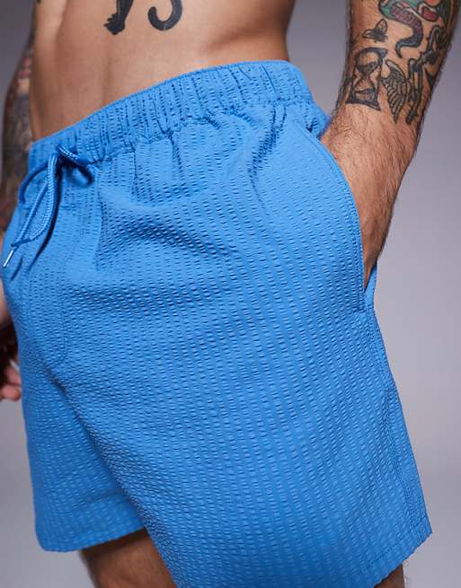 DESIGN Seersucker Swim Shorts In Short Length In Blue