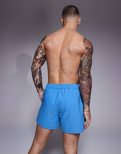 DESIGN Seersucker Swim Shorts In Short Length In Blue