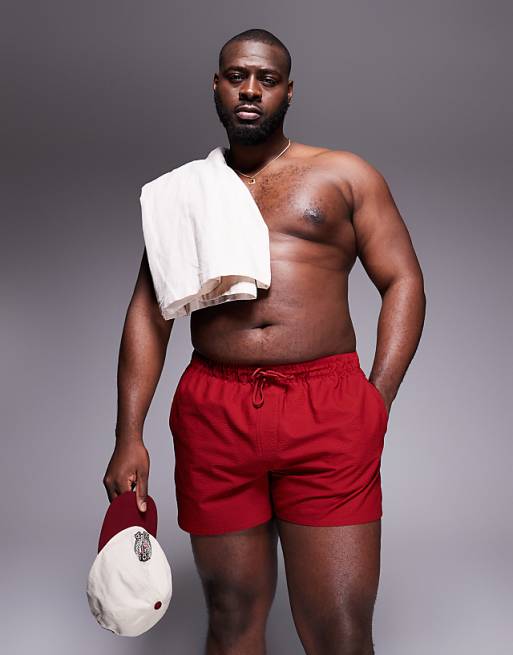 DESIGN Seersucker Swim Shorts In Short Length In Burgundy