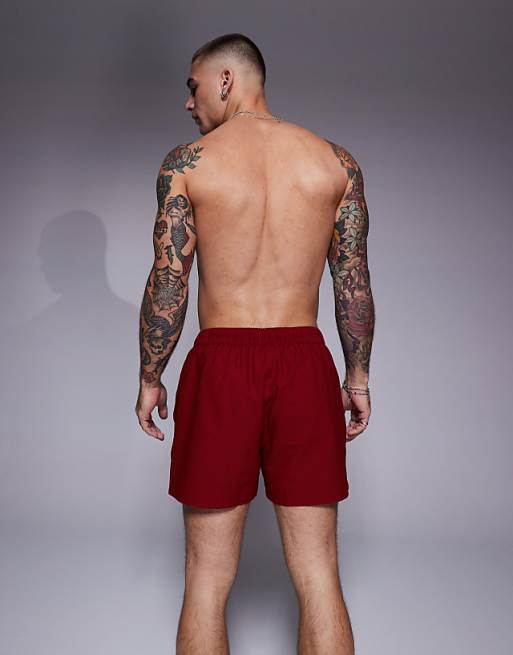 DESIGN Seersucker Swim Shorts In Short Length In Burgundy