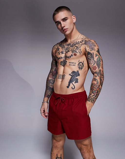 DESIGN seersucker swim shorts in short length in burgundy