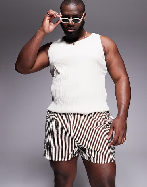 DESIGN Seersucker Swim Shorts In Short Length In Brown Stripe