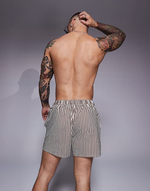 DESIGN Seersucker Swim Shorts In Short Length In Brown Stripe