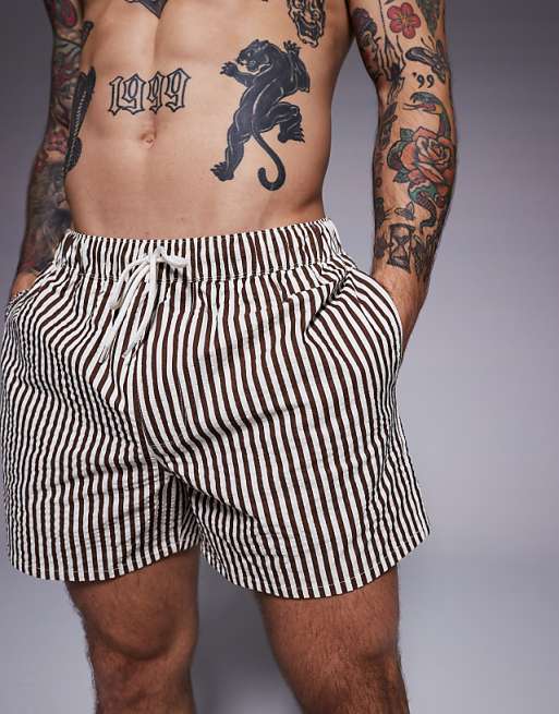 DESIGN Seersucker Swim Shorts In Short Length In Brown Stripe