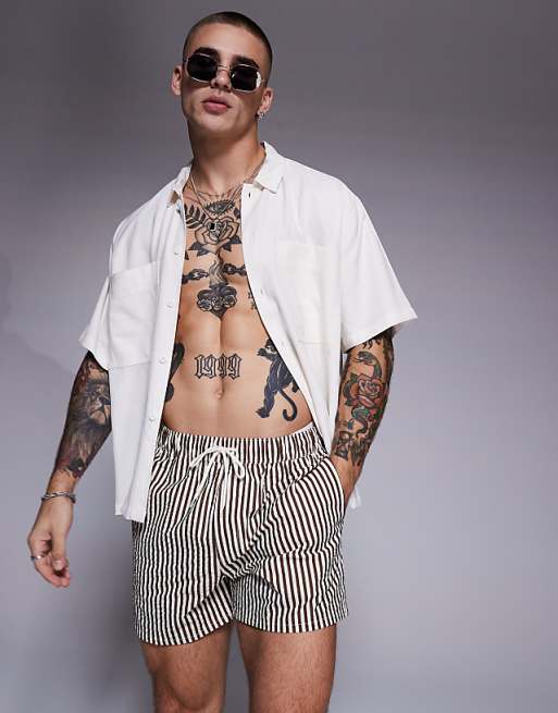 DESIGN seersucker swim shorts in short length in brown stripe