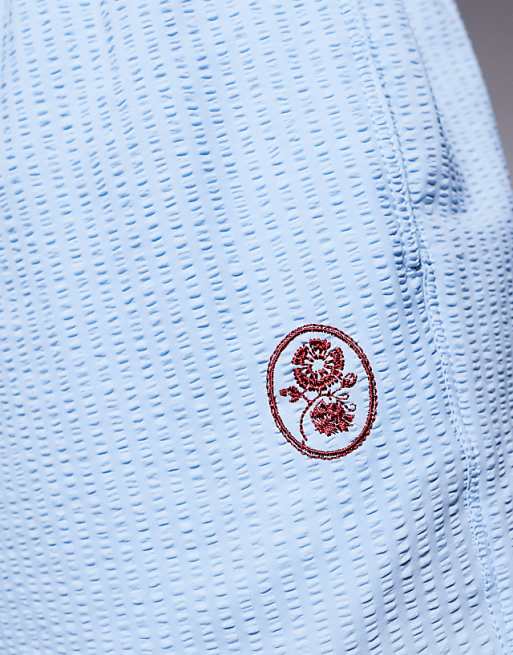 DESIGN Seersucker Swim Shorts In Short Length With Embroidery
