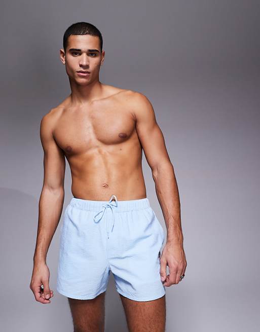 DESIGN Seersucker Swim Shorts In Short Length With Embroidery