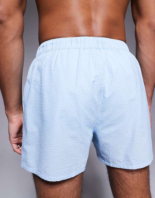DESIGN Seersucker Swim Shorts In Short Length With Embroidery
