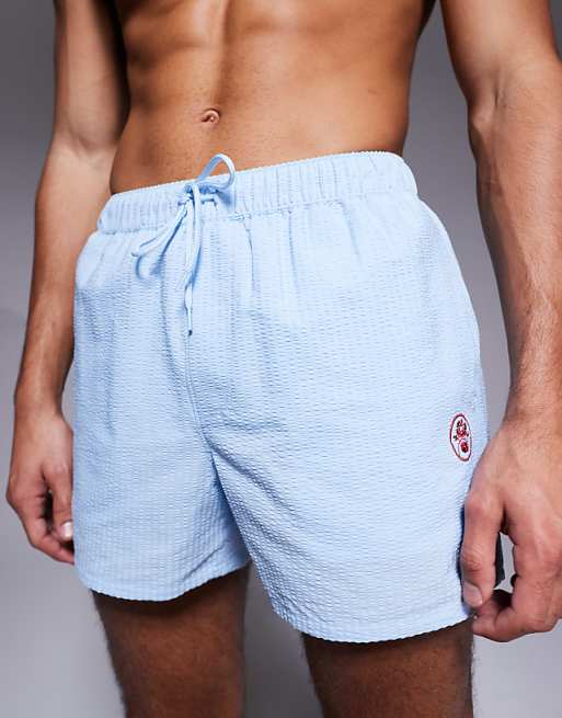 DESIGN seersucker swim shorts in short length with embroidery