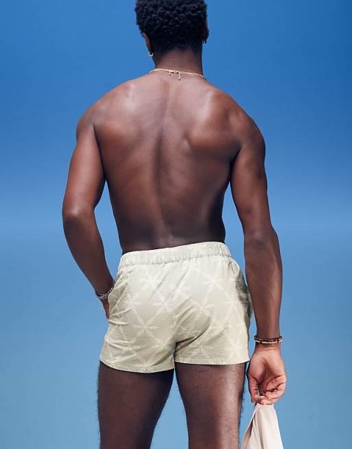 DESIGN Seersucker Swim Shorts In Super Short Length With Tonal Floral Print In Sage