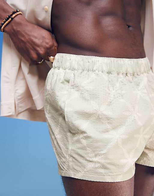 DESIGN Seersucker Swim Shorts In Super Short Length With Tonal Floral Print In Sage