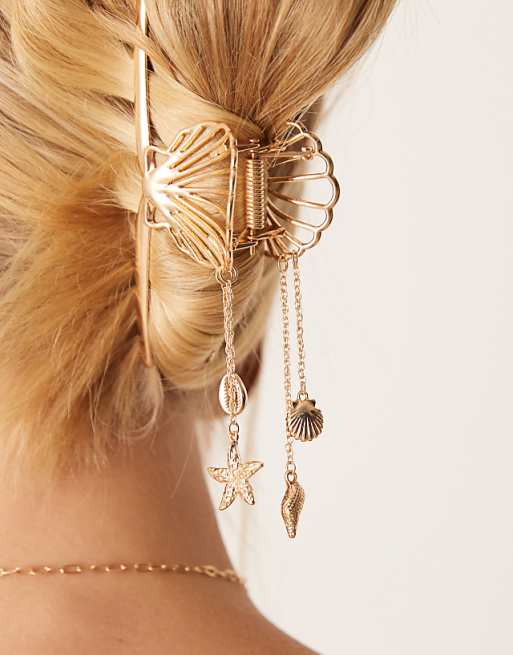 DESIGN shell design hair claw with charms in gold tone