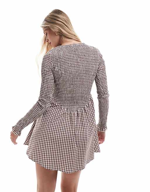 DESIGN Shirred Long Sleeve Mini Dress In Brown Gingham