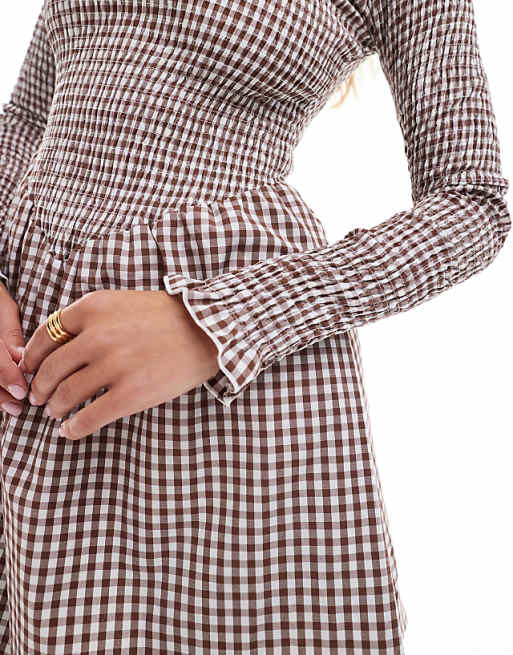 DESIGN Shirred Long Sleeve Mini Dress In Brown Gingham
