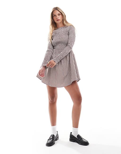 DESIGN Shirred Long Sleeve Mini Dress In Brown Gingham