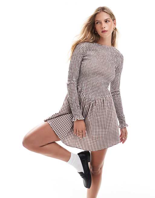 DESIGN shirred long sleeve mini dress in brown gingham