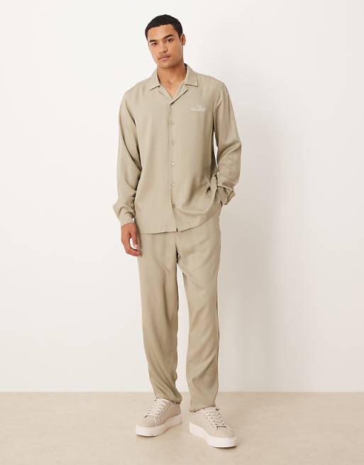 DESIGN shirt & trouser co-ord in khaki